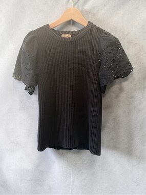 Lilla P Navy Blue Knit Tee with Eyelet Puff Sleeves